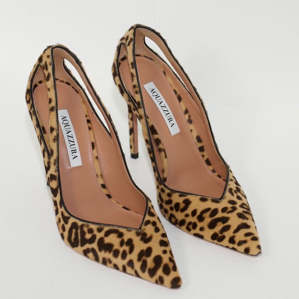 Aquazzura Sheeva Leopard Natural Pony Hair Print Cut-Out Heels 105mm Size 39 NEW - Picture 6 of 16